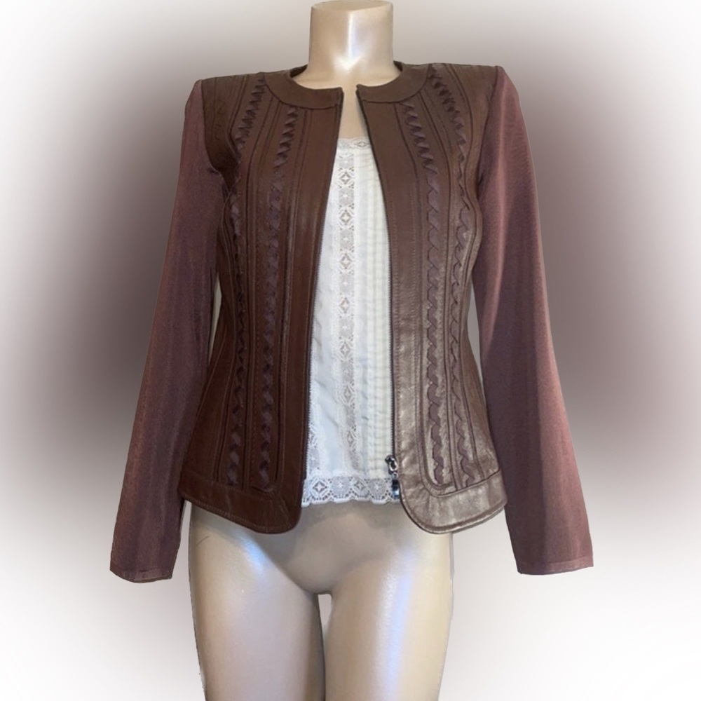 Nygard women’s jacket Small leather coat Brown knit moto ribbon detail vintage